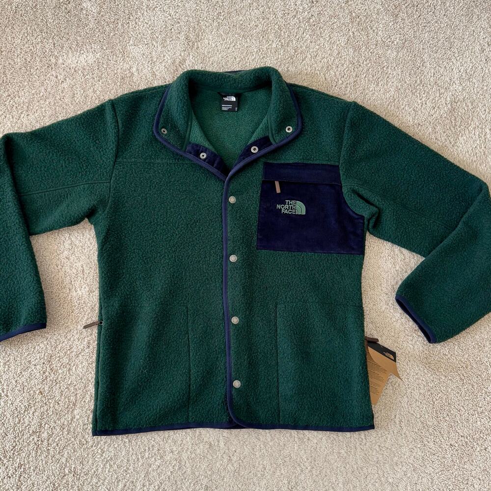 North Face TNF Sherpa Fleece Jacket Snap Button Scarab Green Blue Men Medium NEW